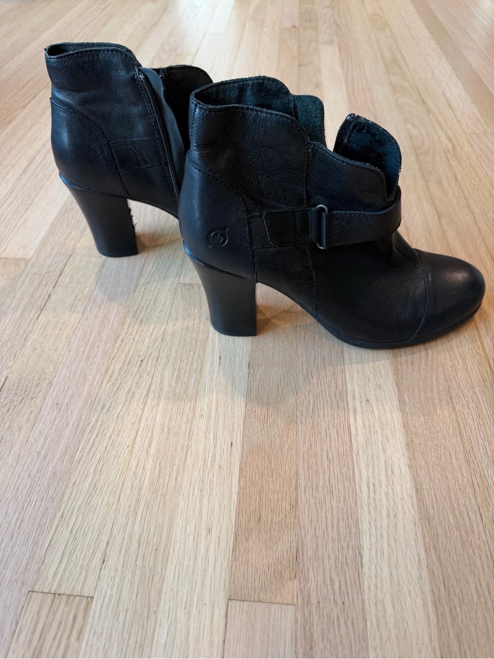 Vintage Born Black Leather Ankle Booties with Block Heel
